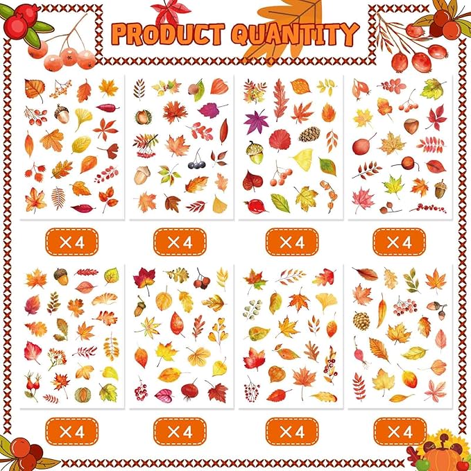 32 Sheets Fall Maple Leaves Stickers - Self Adhesive Autumn Stickers, Party Supplies for Thanksgiving, Harvest & November Decor