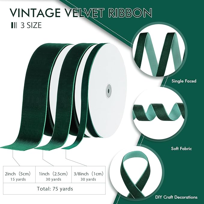 Yilloog 3/8'' 1'' 2'' 90 Yards Christmas Velvet Ribbon Vintage Satin Fabric Velvet Ribbon Roll for Christmas Tree Ornaments Decoration Gift Wrapping Bow DIY Crafts (Green)
