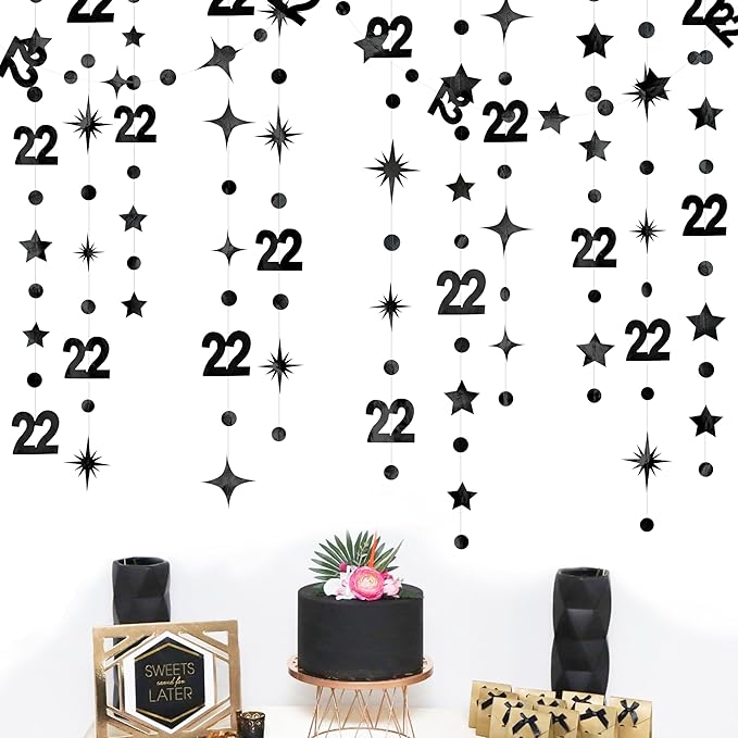 Black 22nd Birthday Decorations Number 22 Circle Dot Star Garland Streamer Bunting Banner Backdrop for Women Mens Feeling 22 Twenty Two Years Old Birthday Happy 22th Anniversary Party Supplies