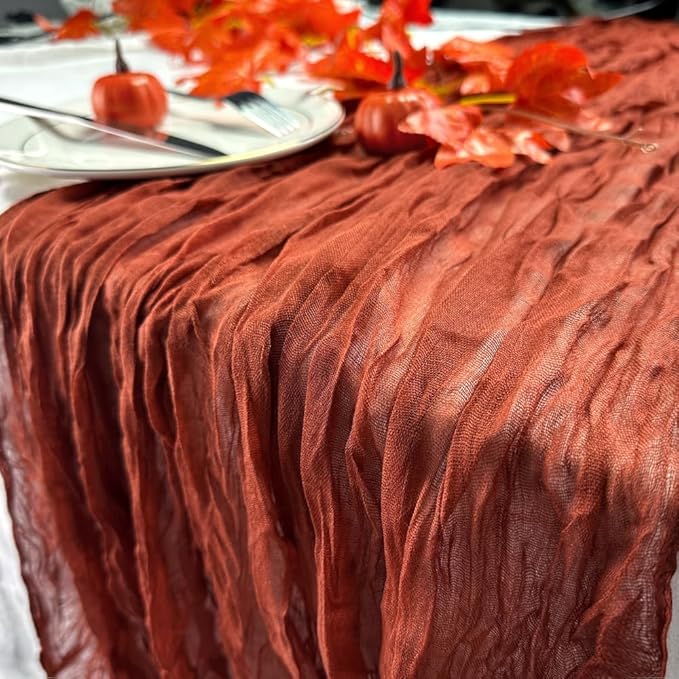 Booque Valley Fall Table Runner 3 Pack Terracotta Cheesecloth 10ft Soft Boho Wrinkled Decorative Gauze Sheer for Autumn Thanksgiving Holiday Party Centerpiece Decoration Table Decor, 35x120 Inch