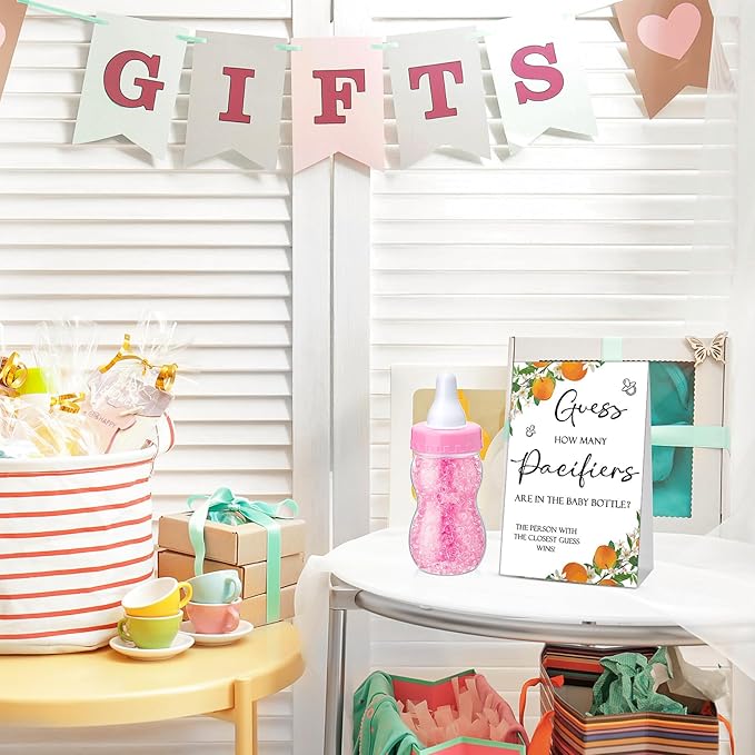 Roowest 512 Pcs Baby Shower Games Guess How Many Pacifiers Sign 100 Small Guessing Games 10 HB Pencils 750ml Milk Bottle 400 Acrylic Pacifiers Decoration for Guest Gender Reveal(Pink,Orange)