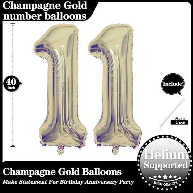 Champagne Gold 11 Number Balloons, 40 Inch Giant Number 11 Balloons Foil Mylar Helium Light Gold Number Balloons for 11th Birthday Party Supplies Anniversary Event Celebration Decorations
