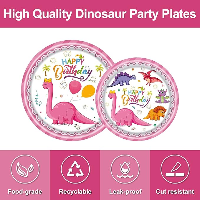 96 PCS Pink Dinosaur Party Supplies, Dinosaur Birthday Party Tableware Set for Girls Pink Dino Plates Napkins Forks for 24 Guests