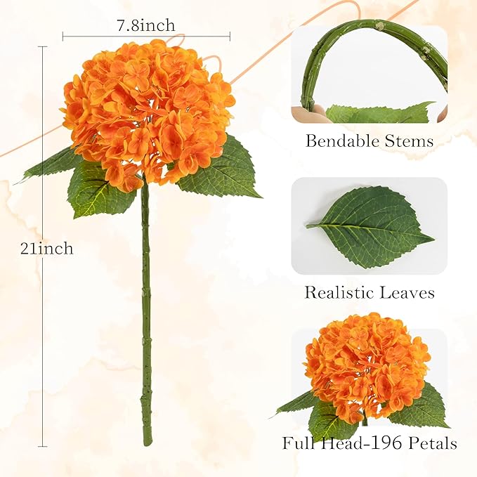 BonBloom's Fall Decor,3 Pcs Orange Hydrangea Artificial Flowers Latex Real Touch Faux Hydrangeas Lifelike Fake Hydrangea Flowers for Wedding Bouquet Party Table Centerpieces Outdoor Home Decor