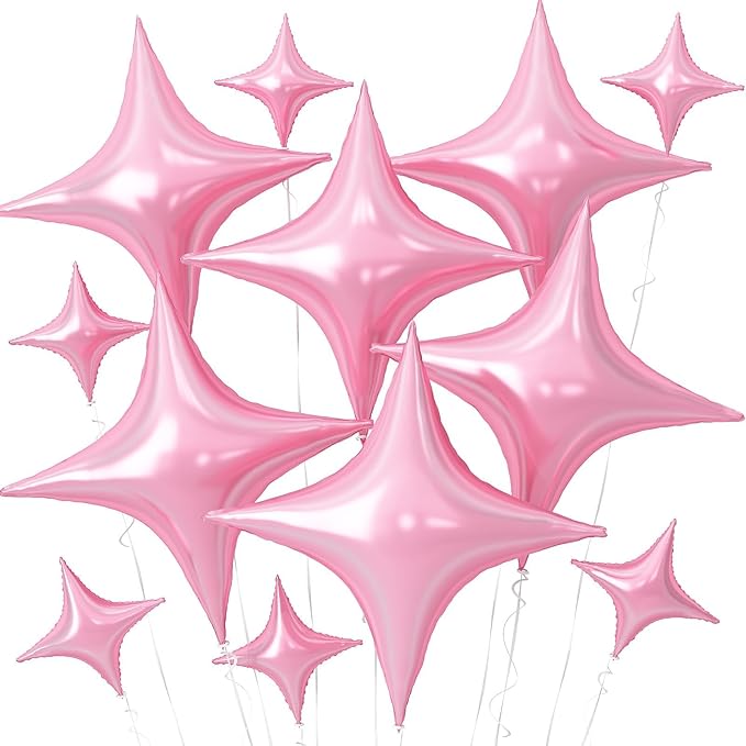 Pink Star Balloons,12Pcs Four Angle Star Foil Balloons,26Inch and 10Inch Pink Quadrangle Helium Polyester Film Balloon for Birthday Anniversary Baby Shower Wedding Party Decorations