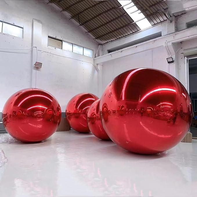 Inflatable Mirror Ball,Silver & Gold & Iridescent Giant Mirror Balloon,Big Shinny Balls,Reusable PVC Hanging Disco Sphere For Party & Wedding & Event Decoration (Red, 32in 2.6ft 0.8m)