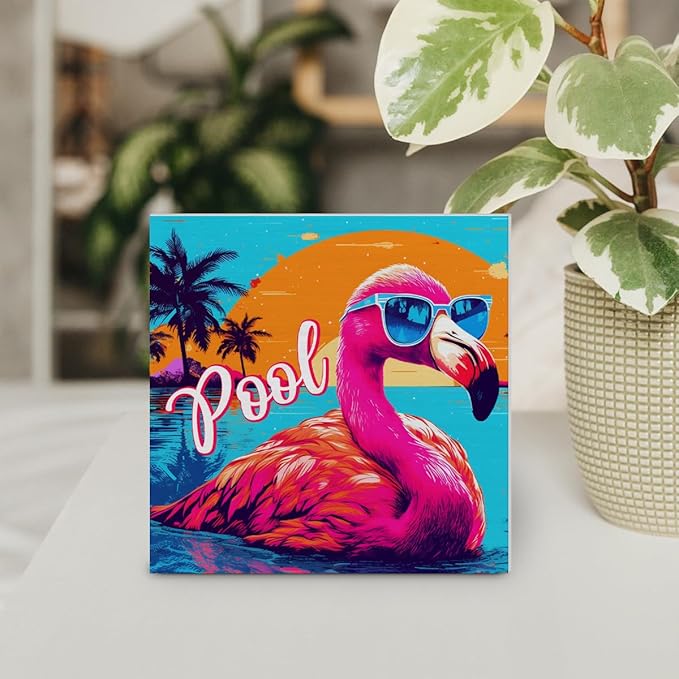 Flamingo Decor Summer Wood Block Sign Sun Decorations for Home Desk Table Shelf 5 x 5 Inches