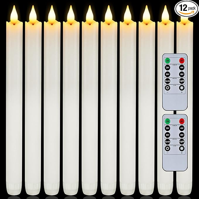 Homemory 12 Pcs Waxy Flameless Taper Candles with Remote, Flickering Battery Operated, LED Flameless Candlesticks, Classic Tall Taper Candles for Home, Wedding, Party, White, 9.6 inches