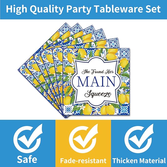 96PCS She Found Her Main Squeeze Plates and Napkins Party Supplies Lemon Bridal Shower Decorations Blue Tiles Lemon Weeding Engagement Disposable Paper Tableware Set Serves 24 Guests