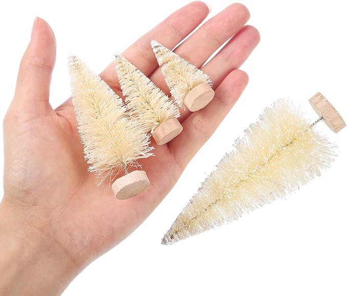 SATINIOR 60 Pieces Artificial Mini Christmas Tree Sisal Snow Trees Bottle Brush Christmas Trees Pine Trees Ornaments with Wooden Base for Christmas Party Home Decoration (4 Sizes, White)
