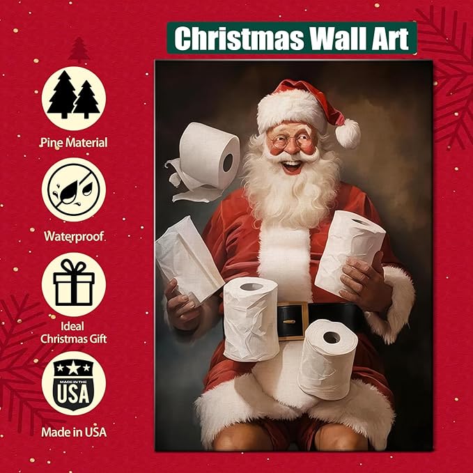 Funny Santa Christmas Canvas Wall Art for Bathroom, Humorous Framed Canvas Prints Ready to Hang, Unique Christmas Gifts for Home & Office Christmas Decorations