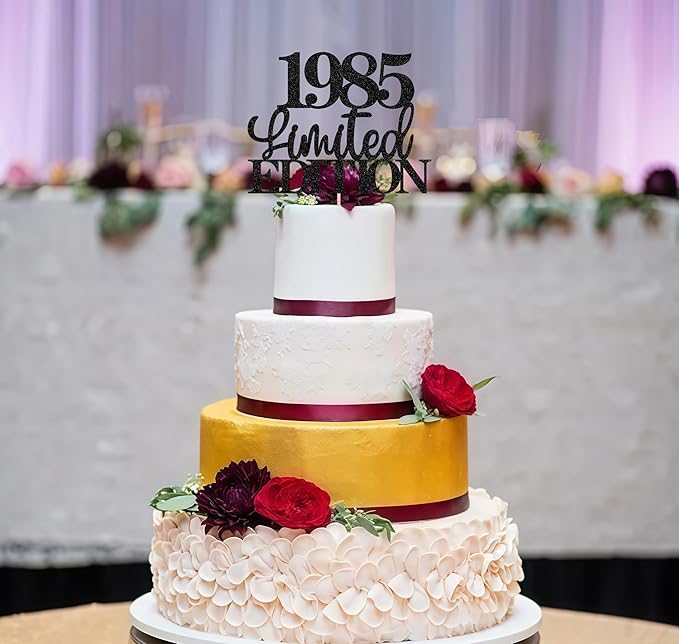 Limited EDITION 1985 Cake Topper - Black Glitter Happy 40th Birthday Party Cake Decoration Supplies, Cheer to 40 Years Cake Bunting Decor for 40th Birthday Party Photo Booth Props
