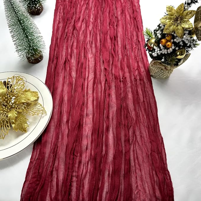 Booque Valley Christmas Table Runner 3 Pack Burgundy Cheesecloth 10ft Soft Boho Wrinkled Decorative Gauze Sheer for Holiday Party Baptism Wedding Centerpiece Table Decor, 35x120 Inch