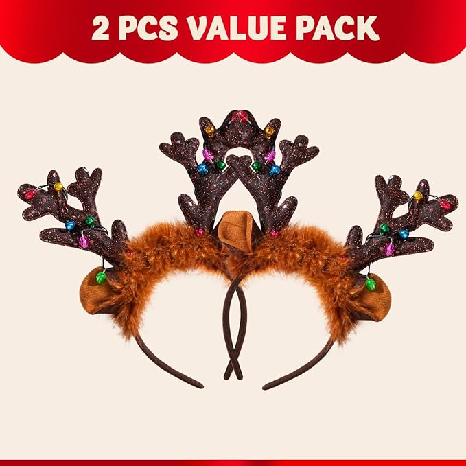 JOYIN Christmas 2PCS Reindeer Headband, Light-Up LED Antlers Reindeer Hat Holiday Headbands for Christmas Party Supplies and Holiday Parties Favors (ONE SIZE FITS ALL)