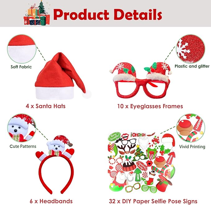 52 Pcs Christmas Photo Booth Props Kit, 20Pcs Glitter Eyeglasses Frame Hats Hairhoop and 32Pcs DIY Selfie Pose Signs for Xmas Party Decoration, Funny Christmas Holiday Party Favor Supplies for Adults