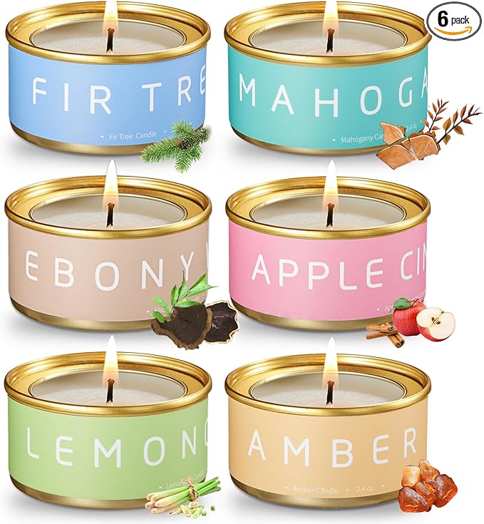 VTS Fall Candles Set, 6 Pack Aromatherapy Candles (Apple Cinnamon, Fir Tree, Mahogany, Ebony Wood, Lemongrass, Amber), Candle Gifts for Men Women for Christmas Birthday