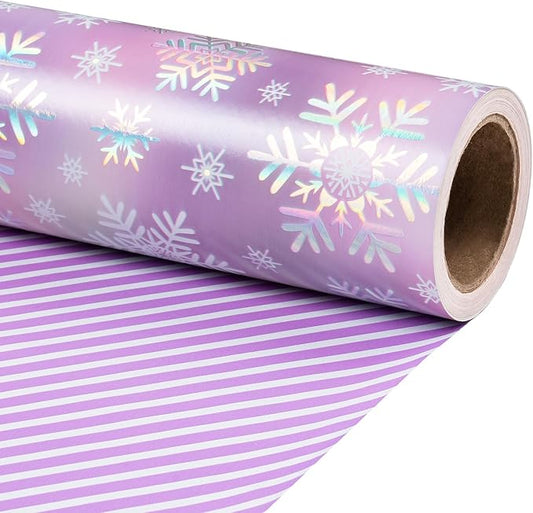RUSPEPA 30" X 32.8' Reversible Christmas Wrapping Large Paper Roll, Jumbo Roll, Colorful Foil Pastel Snowflake Design and Purple Stripes Dreamy Gift Wrap for Girls, Women, Family, Xmas Holiday Gifts