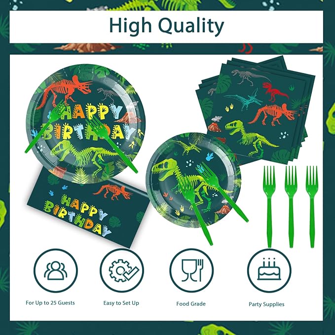 101 PCS Dinosaur Birthday Decorations Dino Party Decorations Set-Plates and Napkins,Tablecloth,Forks for Boy Dinosaur Baby Shower Decorations,Dino Theme Party,Serves 25 Guests