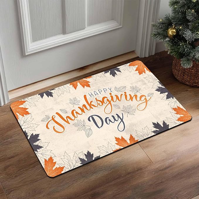 Fall Welcome Maple Leafs Decorative Door Mat, Autumn Thanksgiving Doormat for Indoor Outdoor Entrance Floor Mats,Fall Pumpkins Non Slip Harvest Vintage Decor Rubber Welcome Mats 16" x 24" Inch