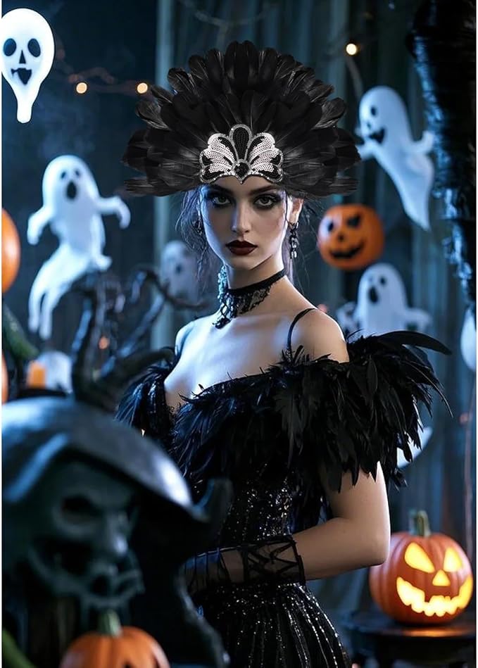 Women's Carnival Feather Headpieces Sequin Headdress for Wedding Masquerade Party Cosplay Feather Headbands
