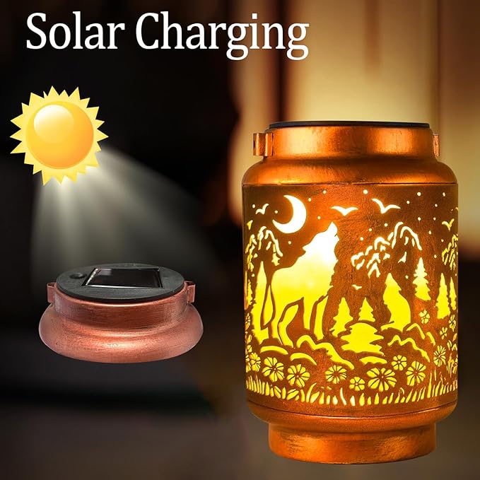 Solar Lanterns Outdoor Waterproof Gifts for Women Grandma Gifts for Mom Wolf Projection Garden Decor Solar Hanging Lantern Metal for Patio Yard Festival Pathway Landscape