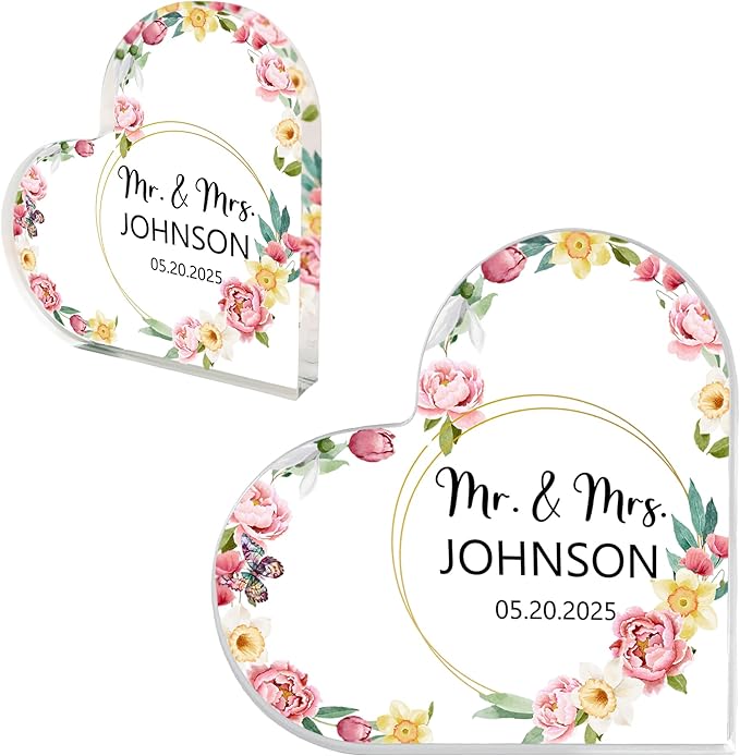 Custom Wedding Heart Acrylic Plaque,Mr & Mrs Cake Topper,Personalized Wedding Keepsake/Gift/Sign (Style 20)