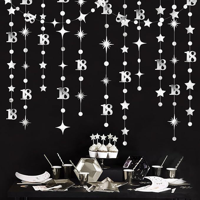 Silver 18th Birthday Decorations Number 18 Circle Dot Twinkle Star Garland Metallic Streamer Banner Backdrop for Girls Boys Happy 18th Birthday Time to Adult Cheers to 18 Years Old Anniversary Party