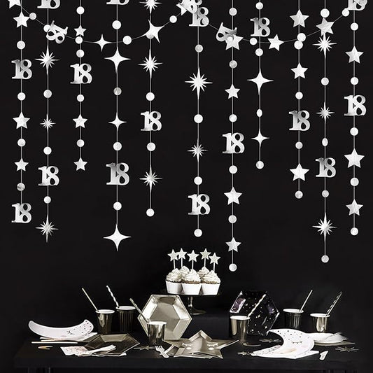Silver 18th Birthday Decorations Number 18 Circle Dot Twinkle Star Garland Metallic Streamer Banner Backdrop for Girls Boys Happy 18th Birthday Time to Adult Cheers to 18 Years Old Anniversary Party