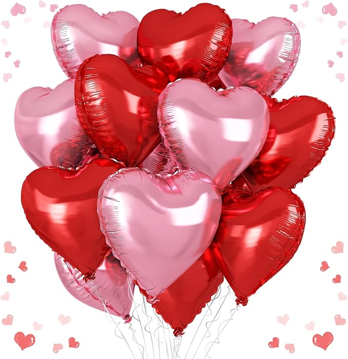 Pink Red Heart Balloons, 18 Inch Light Heart Foil Shape Balloon, 12PCS Pearl Red Pink Helium Foil Love Balloon for Birthday Bridal Shower Engagement Wedding Valentine Party Decorations