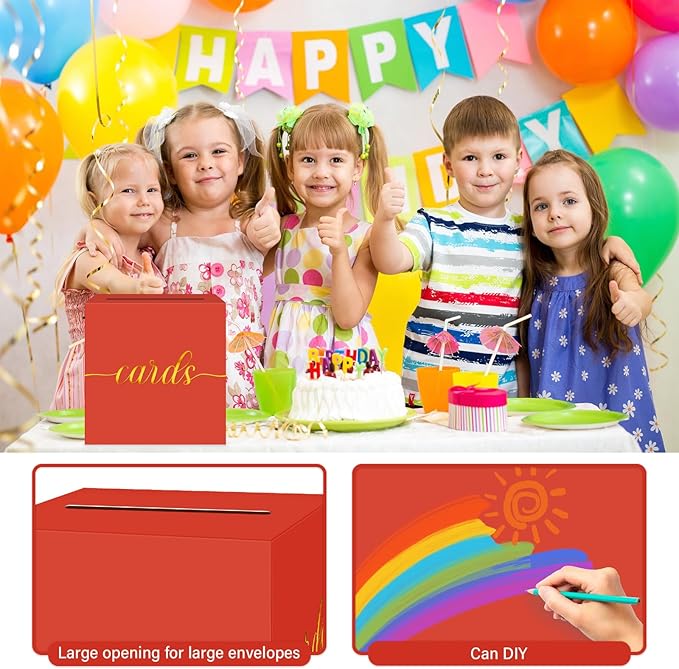 1 Pack Red and Gold Foil Card Box for Party, 8.7" Red Gift Card Box Money Box for Birthday, Wedding, Baby Shower, Retirement, Anniversary, Bridal Shower, Graduation, Raffle Ticket