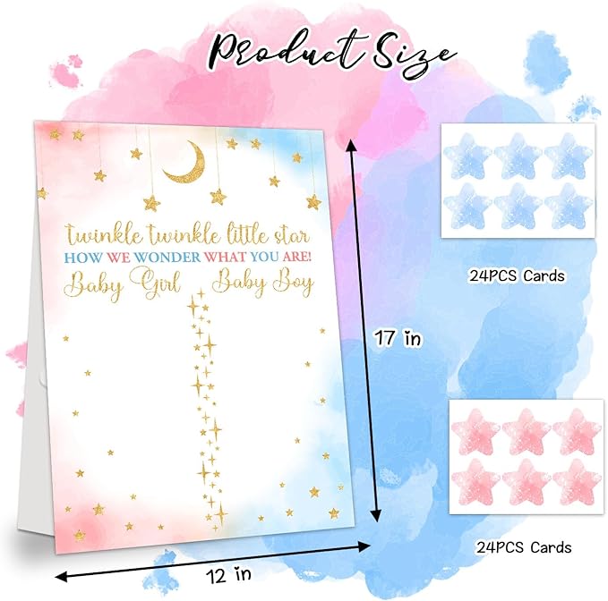 Gender Reveal Party Games, Twinkle Little Star Theme Baby Gender Reveal Voting Board Sign, 48 Boy Girl Voting Stickers, He or She, Baby Gender Reveal Party Decorations Games for Boy or Girl Shower