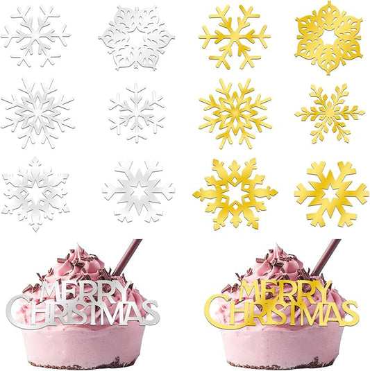 26 Pcs Snowflake Cupcake Toppers Acrylic Christmas Cupcake Toppers Mirror Frozen Cupcake Topper for Christmas Cake Decorations New Year Party Supplies