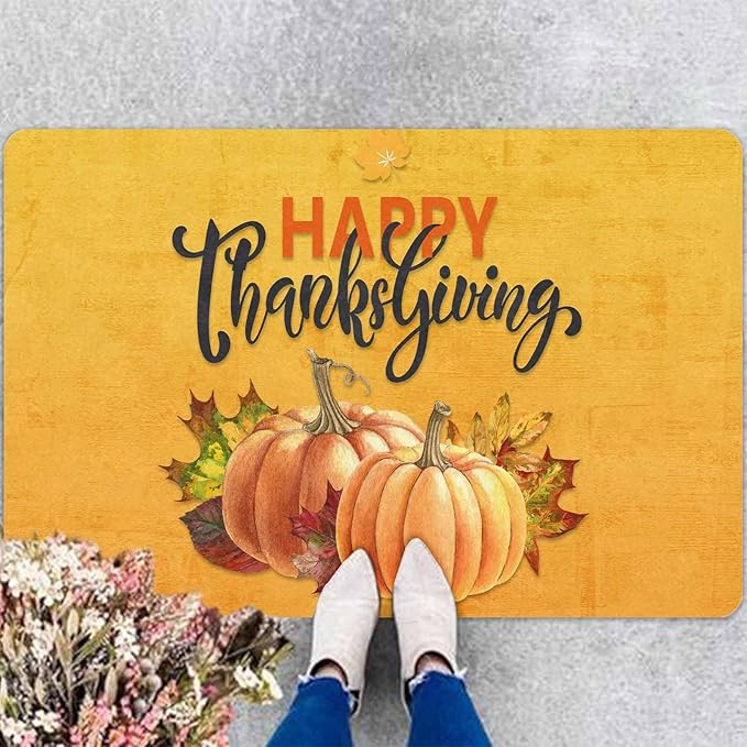 InterestPrint Happy Thanksgiving Doormat Orange Pumpkin Welcome Doormat Farmhouse Floor Mat Non-Slip Entrance Hello Rug Door Rugs for Indoor Outdoor Home Decor, 24"x16"inch
