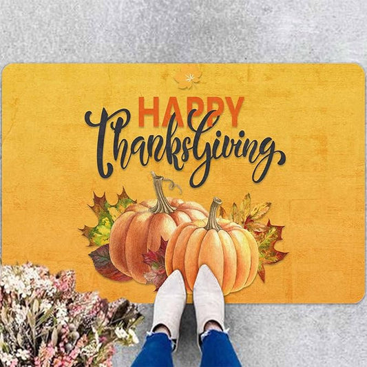 InterestPrint Happy Thanksgiving Doormat Orange Pumpkin Welcome Doormat Farmhouse Floor Mat Non-Slip Entrance Hello Rug Door Rugs for Indoor Outdoor Home Decor