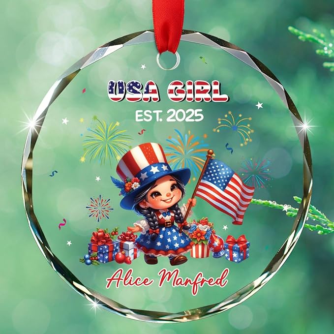 USA Girl Christmas Ornament Gift for Baby Girl Daughter Sister, Personalized Year & Name Keepsake Xmas Ornament Gift for New US Citizen, Customized American Celebrations Glass Decor Xmas Ornaments