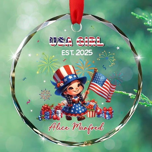 USA Girl Christmas Ornament Gift for Baby Girl Daughter Sister, Personalized Year & Name Keepsake Xmas Ornament Gift for New US Citizen, Customized American Celebrations Glass Decor Xmas Ornaments