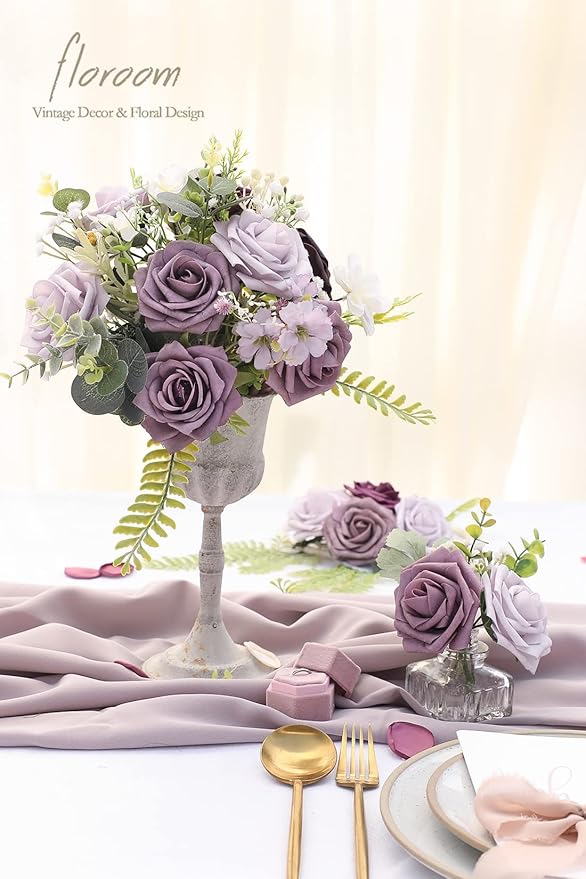 Floroom Artificial Flowers 25pcs Real Looking Plum Ombre Colors Foam Fake Roses with Stems for DIY Wedding Bouquets Bridal Shower Floral Centerpieces Party Tables Home Decorations