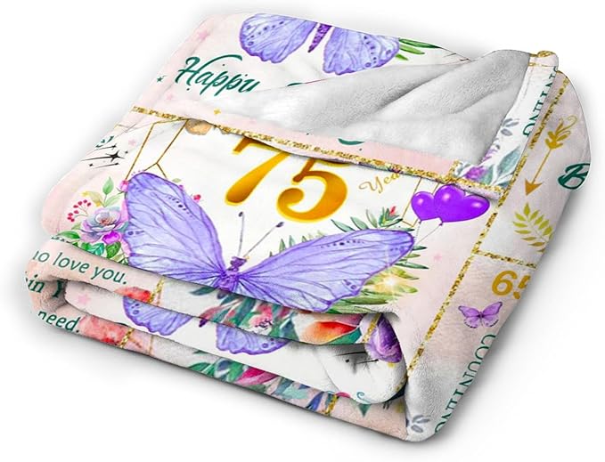 75th Birthday Gifts for Women Blanket, Fun Purple Butterfly Flower Throw Blanket Unique Gifts for 75 Year Old Woman, 75th Birthday Decorations for Women, Super Soft Warm Plush Flannel Blankets 60"X50"