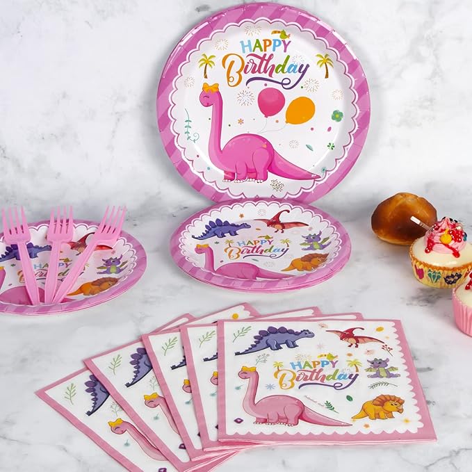 96 PCS Pink Dinosaur Party Supplies, Dinosaur Birthday Party Tableware Set for Girls Pink Dino Plates Napkins Forks for 24 Guests