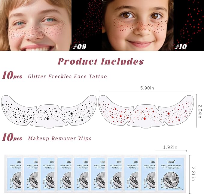 10 Styles Red Glitter Freckles Face Tattoo, Waterproof Sparkle Cute Star Butterfly Face&Body Glitter Speckles Patches for Women, Metallic Temporary Tattoo Accessories Makeup for Rave
