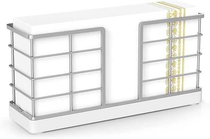 Wican Vertical Stance Bathroom Napkin Holder Takes Up Less Space for Small Guest Bathroom Oak and Iron Towel Tray for Powder Room Wooden Basket for Disposable Paper Hand Towels Silver and Matte White