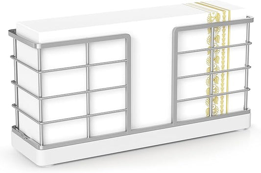 Wican Vertical Stance Bathroom Napkin Holder Takes Up Less Space for Small Guest Bathroom Oak and Iron Towel Tray for Powder Room Wooden Basket for Disposable Paper Hand Towels Silver and Matte White