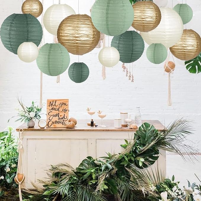 Paper Lanterns Decorative, Round Hanging Paper Lanterns Decorations for Rustic Party Bridal Shower Wedding Sage Green Birthday Party Supplies Gold/Ivory/Sage Green 15pcs