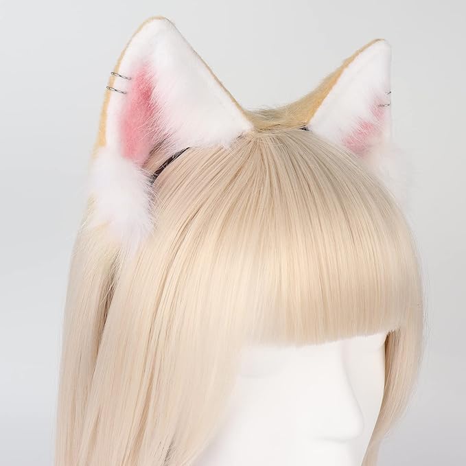 QinRuan Animal Cosplay Costume Accessories Furry Faux Fur Cat Ears Headband and Fox Tail Set Halloween Accessory