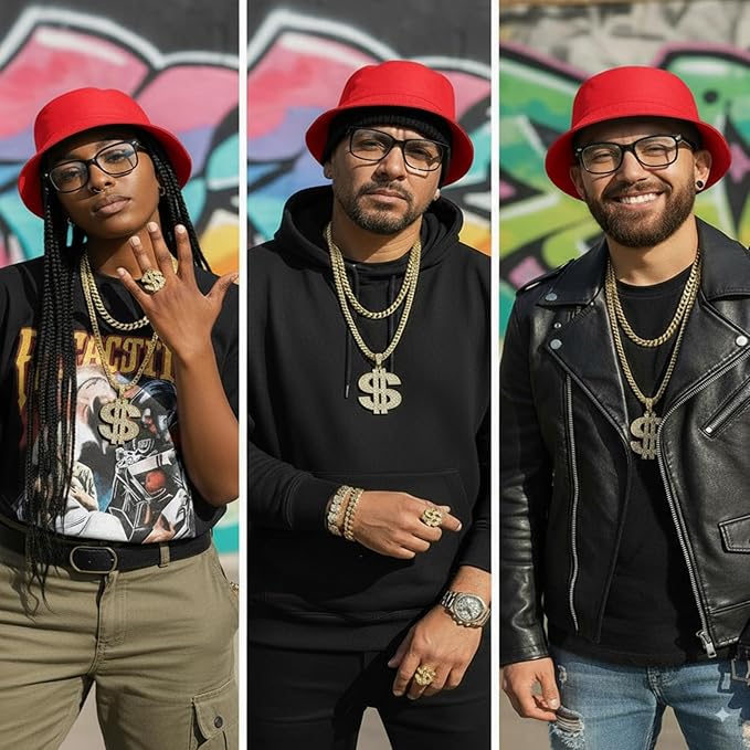 Gejoy Hip Hop Costume Kit 80s 90s Rapper Accessories Outfit for Men Women Sunglass Hat Chain Ring Halloween Party Decoration