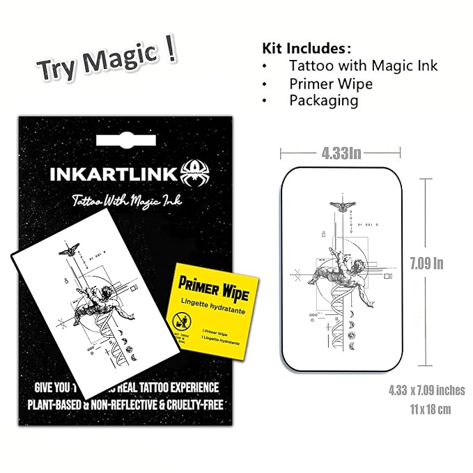 INKARTLINK Semi Permanent Tattoo, Temporary Tattoo,geometric pattern, gift for cool boys, adult art design, party favor, waterproof, realistic, no adhesive, no reflective (Fallen Angel)