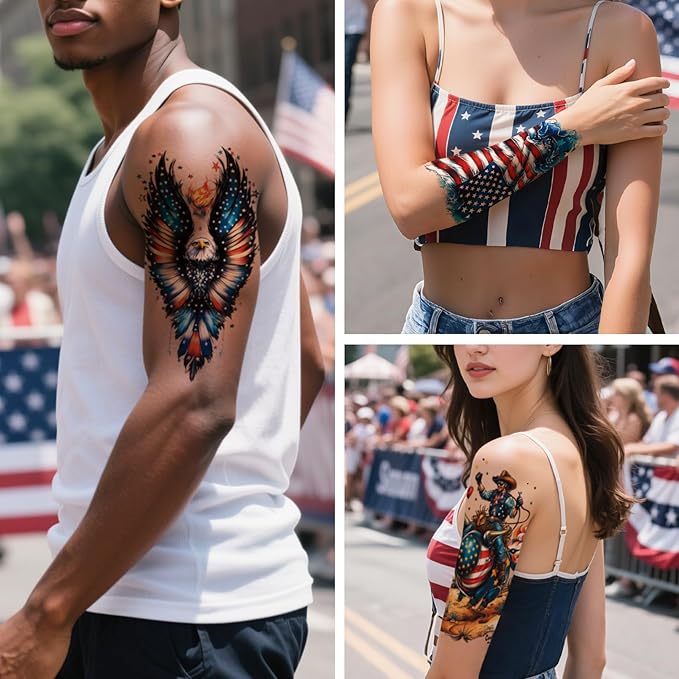 Aresvns 24 Sheets Temporary Tattoo for Adults and kids,USA Eagle and Flag Device, 3D Military Lion Wolf Skull Totem Fake tattoo, Fourth of July Memorial Day Labor Day Decorations Patriotic Tattoos