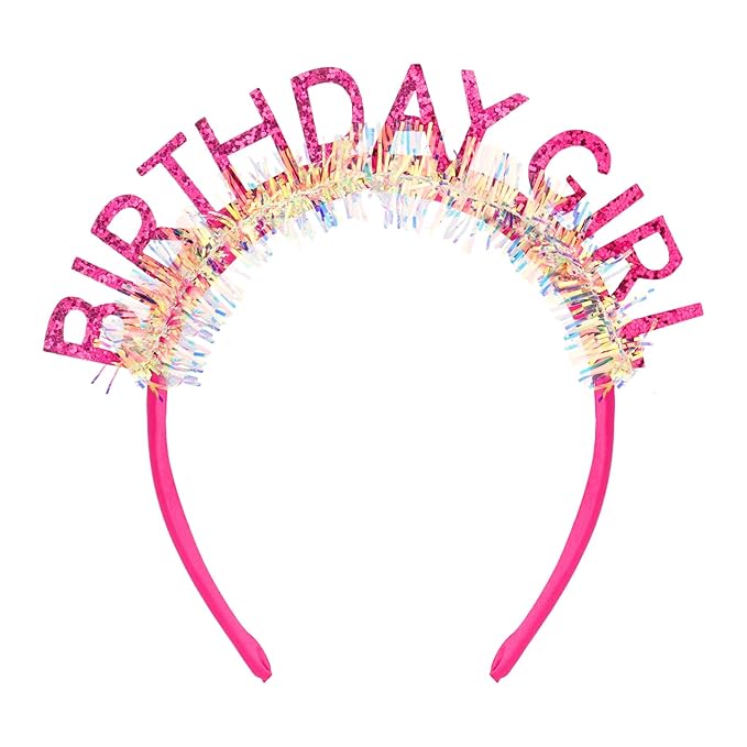 Jaciya Birthday Girl Glitter Headband for Women Girls Sparkling Hot Pink Party Hair Accessories with Confetti Tinsel