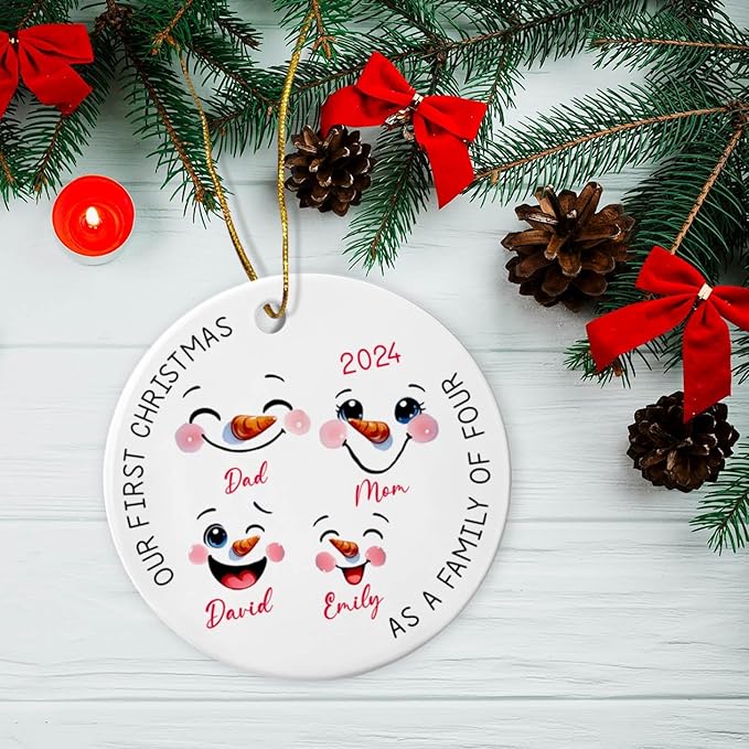 Personalized Our First Christmas As A Family of Four 2025 Ornament - Family of 4 Snowman Face Xmas Keepsake - Custom Names Snowman Family Christmas Tree Gift for Dad Mom Kids