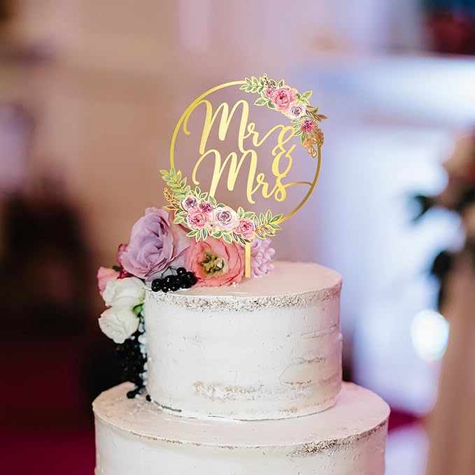 Mr & Mrs Cake Topper Gold Acrylic Wedding Cake Topper Floral Cake Decoration (Design 01)